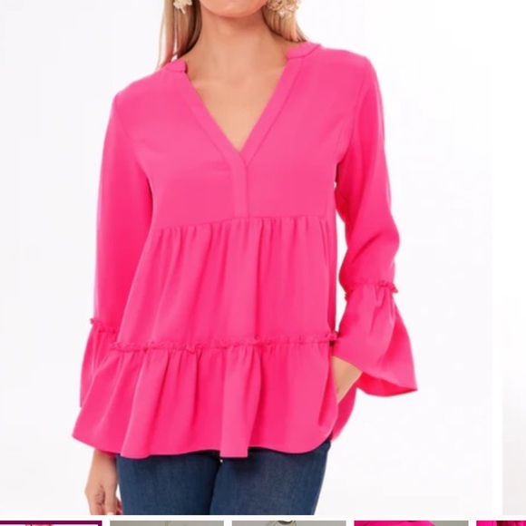 Pomander Place Tops - Pomander Place Women's Bright Pink Ruffle Blouse
